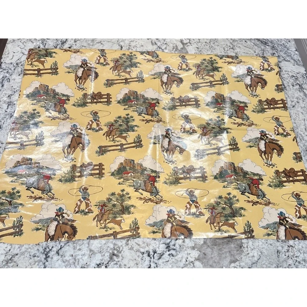 VTG Sheet of Cowboy Wrapping Paper 25 1/2x30 Horses Cow Saddle Wild West‎ Lasso
